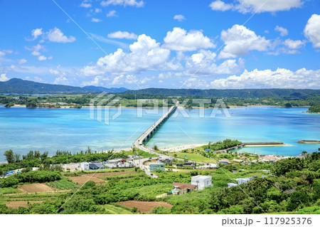 古宇利島、古宇利オーシャンタワーから眺める古宇利大橋 117925376