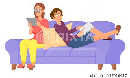 Family cozy evening on couch. Home time together Family cozy evening on couch. Home time together 117926417