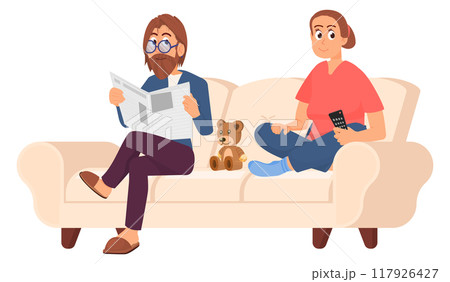 Evening leisure. Married couple rest on home couch Evening leisure. Married couple rest on home couch 117926427