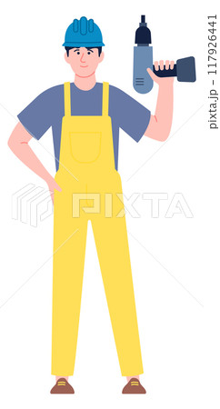 Handyman with drill. House builder or repairman color character 117926441