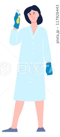 Female scientist. Woman in laboratory coat hold test tube 117926443