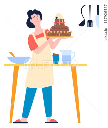 Woman baked cake. Tasty homemade pastry cooking 117926587