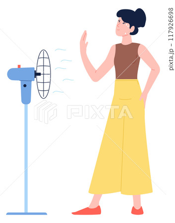 Woman cooling with air fan ventilation at hot summer Woman cooling with air fan ventilation at hot summer 117926698