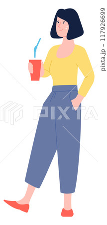 Woman drink from disposable cup. Refreshment takeaway Woman drink from disposable cup. Refreshment takeaway 117926699