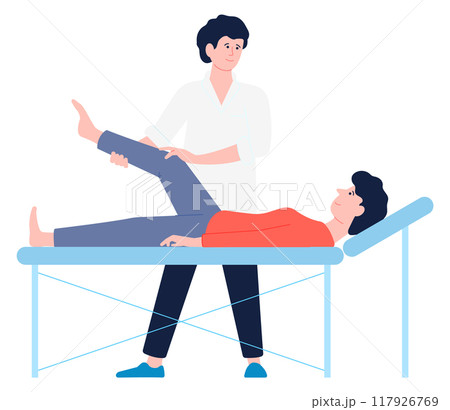 Leg injury rehabilitation. Physiotherapy doctor help patient Leg injury rehabilitation. Physiotherapy doctor help patient 117926769