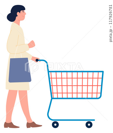 Woman pushing empty supermarket trolley. Shopping person Woman pushing empty supermarket trolley. Shopping person 117926781