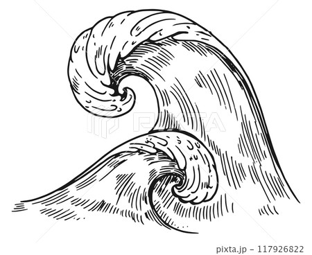 Marine storm waves swirl. Water curve drawing 117926822