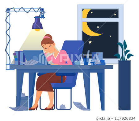 Woman work late. Night overtime exhausted person 117926834