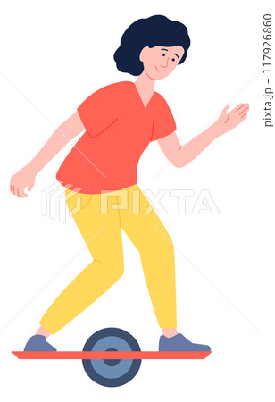 Woman ride hoverboard. Urban personal balancing transport Woman ride hoverboard. Urban personal balancing transport 117926860
