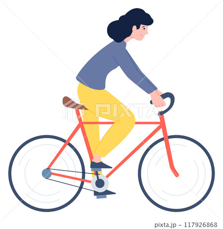Woman ride bicycle. Female cyclist color character 117926868