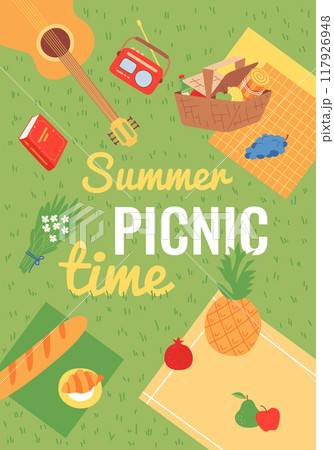 Summer picnic time card template. Cute flyer Summer picnic time card template. Cute flyer 117926948