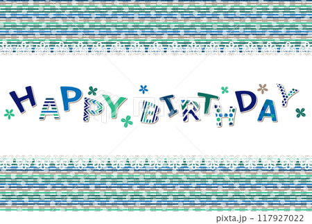 White lace with patch-like lettering HAPPY BIRTHDAY, clover and small flowers 117927022