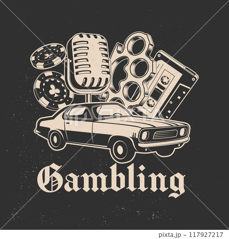 Gambling. Vintage print, logo, badge design with retro car, casino chips, knuckle, microphone, audio cassette silhouette. Vector illustration. 117927217