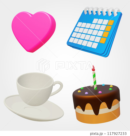 3d Birthday cake, tea cup, red hart and calendar. For Happy Birthday greeting card, poster or banner with yummy cake element decoration for kids party occasion. Vector Illustration 3d Birthday cake, tea cup, red hart and calendar. For Happy Birthday greeting card, poster or banner with yummy cake element decoration for kids party occasion. Vector Illustration 117927233
