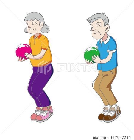 ボウリングをするシニア男女のイラスト ボウリングをするシニア男女のイラスト 117927234