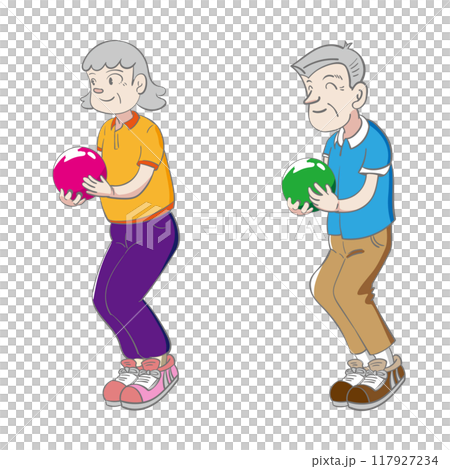 ボウリングをするシニア男女のイラスト ボウリングをするシニア男女のイラスト 117927234