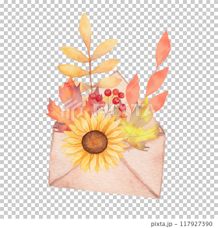 Watercolor composition of envelope with leaves, flower. Autumn element envelope, maple leaf, sunflower, rowan berries. Hand drawn isolated art. Clipart for greeting card, invitation, thanksgiving Watercolor composition of envelope with leaves, flower. Autumn element envelope, maple leaf, sunflower, rowan berries. Hand drawn isolated art. Clipart for greeting card, invitation, thanksgiving 117927390