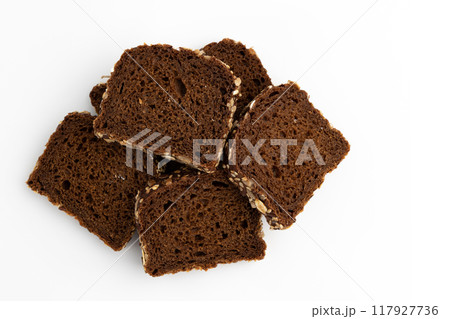 slices of rye bread on white background, top view slices of rye bread on white background, top view 117927736