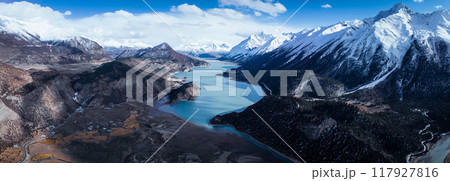 Aerial view of beautiful snow mountains and lake in Tibet,China 117927816