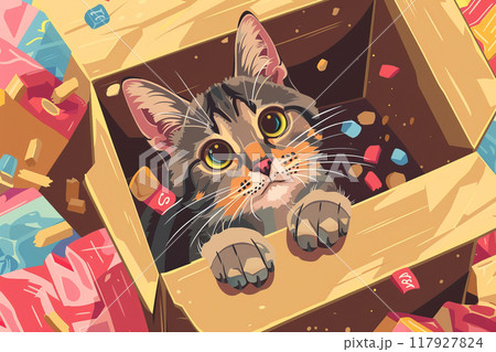 Illustration of Curious Kitten Playing Inside a Cardboard Box Surrounded by Colorful Toys 117927824