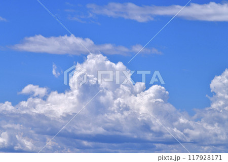 日本の横浜都市景観 夏空。猛烈な暑さが続く日本列島…発達する雲や細長い雲が…＝8月17日 117928171