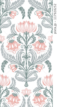 Vector ornate old fashioned floral pattern in pastel colors. Victorian damask texture with pink filigree flowers. Baroque Surface design 117928252