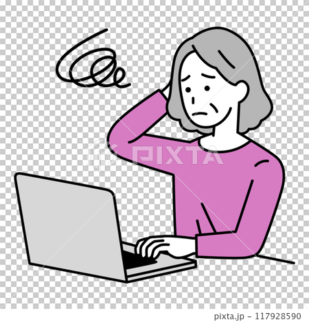 Confused elderly woman working on a laptop Confused elderly woman working on a laptop 117928590