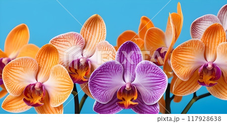 Beautiful purple and orange orchids bloom against a vibrant colorful background orange and purple 117928638