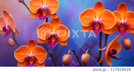 Beautiful purple and orange orchids bloom against a vibrant colorful background orange and purple 117928639