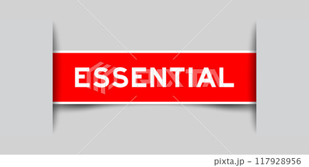 Red color square label sticker with word essential that inserted in gray background 117928956