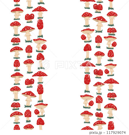 Red mushrooms vertical border. Vector flat seamless border on a white background Red mushrooms vertical border. Vector flat seamless border on a white background 117929074