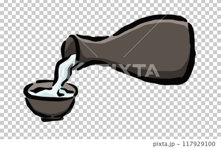 Illustration of pouring sake into a small cup using a tokkuri Illustration of pouring sake 117929100
