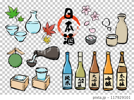 Sake party hand-drawn line drawing illustration set 117929101