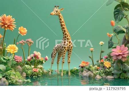 A giraffe is standing in a field of flowers with Generative AI A giraffe is standing in a field of flowers with Generative AI 117929795