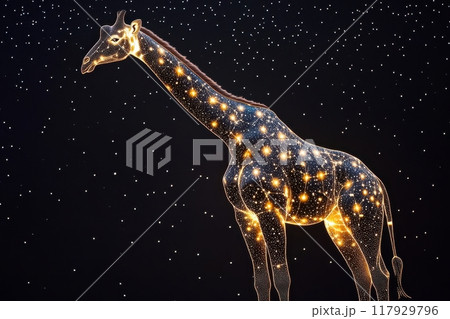A giraffe is lit up with stars and is standing in a dark room with Generative AI 117929796