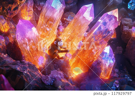 A monkey is sitting on a pile of crystals with Generative AI A monkey is sitting on a pile of crystals with Generative AI 117929797
