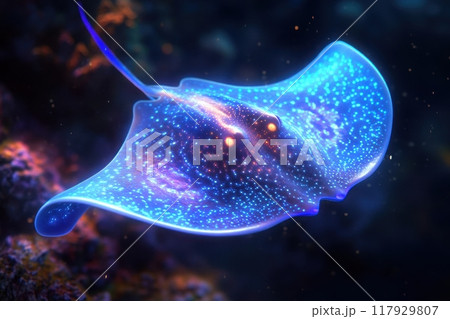 A blue stingray with a glowing eye with Generative AI A blue stingray with a glowing eye with Generative AI 117929807
