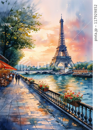 Paris, France. Eiffel Tower at sunset. Watercolor painting. Paris, France. Eiffel Tower at sunset. Watercolor painting. 117929852