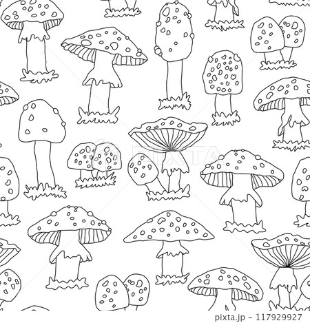 Black white outline doodle line seamless pattern of amanita mushrooms on white background. Vector cartoon hand drawn sketch illustration that can be used for coloring book, fabric, prints Black white outline doodle line seamless pattern of amanita mushrooms on white background. Vector cartoon hand drawn sketch illustration that can be used for coloring book, fabric, prints 117929927