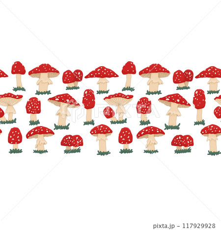 Horizontal repeatable border of Red cute amanita mushrooms with grass. Vector seamless border on a white background for kids Horizontal repeatable border of Red cute amanita mushrooms with grass. Vector seamless border on a white background for kids 117929928