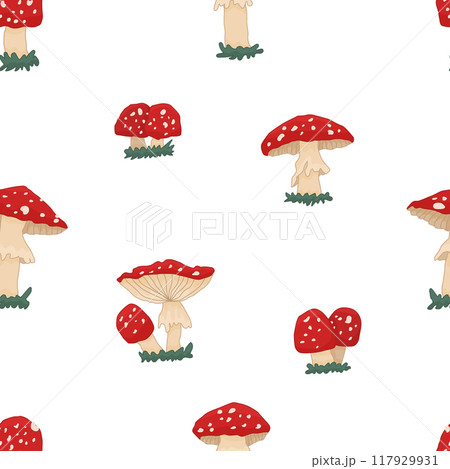 Red amanita mushrooms seamless abstract pattern. Autumn poisonous mushroom collection season background. Vector illustration 117929931