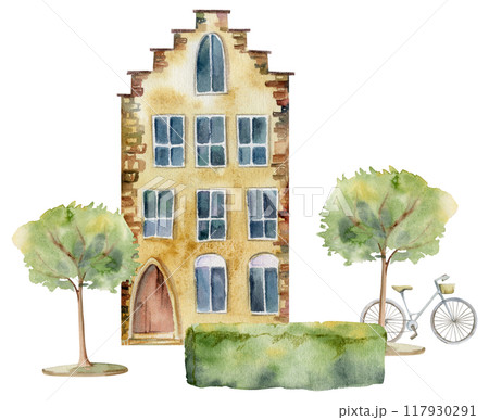 Old European city town village street houses, facades. Historical cityscape building, green hedge trees, parked bicycle. Watercolor hand drawn illustration. Tourist shops, souvenirs, travel brochures Old European city town village street houses, facades. Historical cityscape building, green hedge trees, parked bicycle. Watercolor hand drawn illustration. Tourist shops, souvenirs, travel brochures 117930291