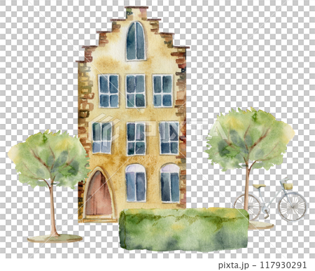 Old European city town village street houses, facades. Historical cityscape building, green hedge trees, parked bicycle. Watercolor hand drawn illustration. Tourist shops, souvenirs, travel brochures Old European city town village street houses, facades. Historical cityscape building, green hedge trees, parked bicycle. Watercolor hand drawn illustration. Tourist shops, souvenirs, travel brochures 117930291