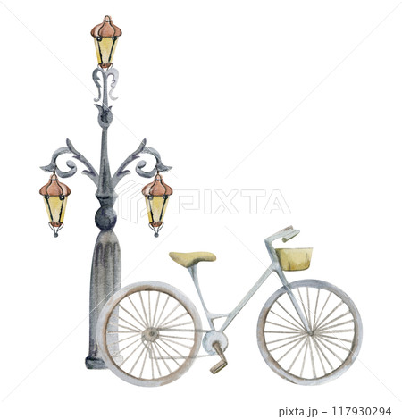 Old European city town street space with lamp post, ornamental lantern with parked bicycle. Watercolor hand drawn illustration. For tourist shops, souvenirs, travel brochures, architectural bureau 117930294