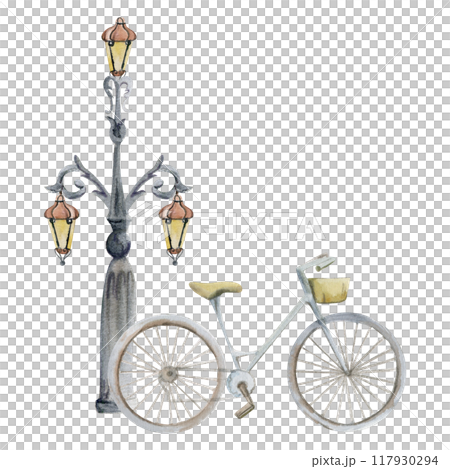 Old European city town street space with lamp post, ornamental lantern with parked bicycle. Watercolor hand drawn illustration. For tourist shops, souvenirs, travel brochures, architectural bureau 117930294