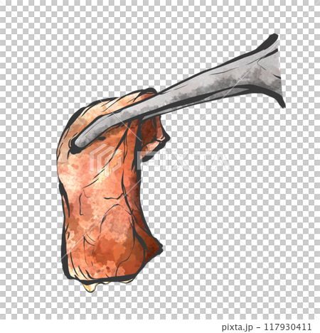Hand-drawn illustration of meat being held with tongs 117930411