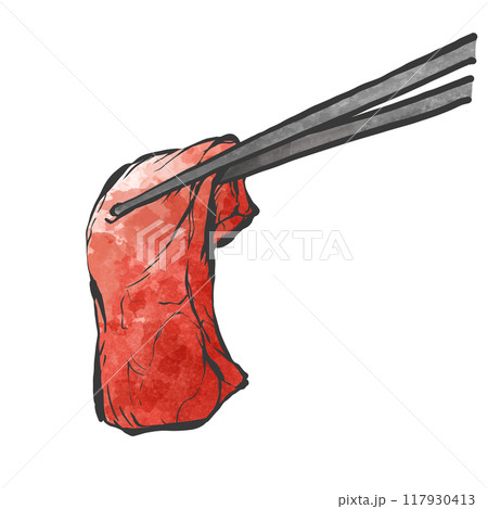 箸で掴んだ肉の手書き筆絵風イラスト 箸で掴んだ肉の手書き筆絵風イラスト 117930413