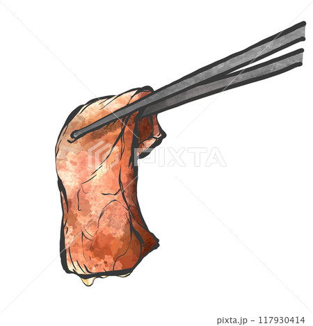 箸で掴んだ肉の手書き筆絵風イラスト 117930414