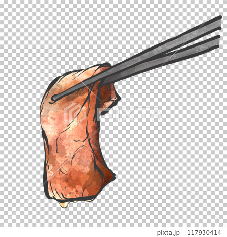 Hand-drawn illustration of meat being held by chopsticks 117930414