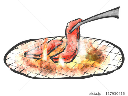 トングで焼肉の手書き筆絵風イラスト 117930416
